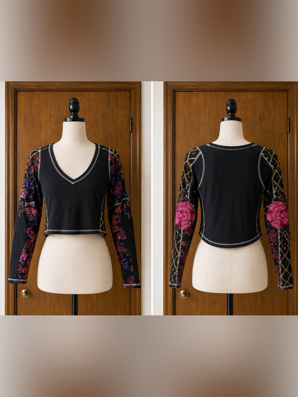 Free People Top Black Floral Embroidered Long Sleeve Crop Small Grunge Floral